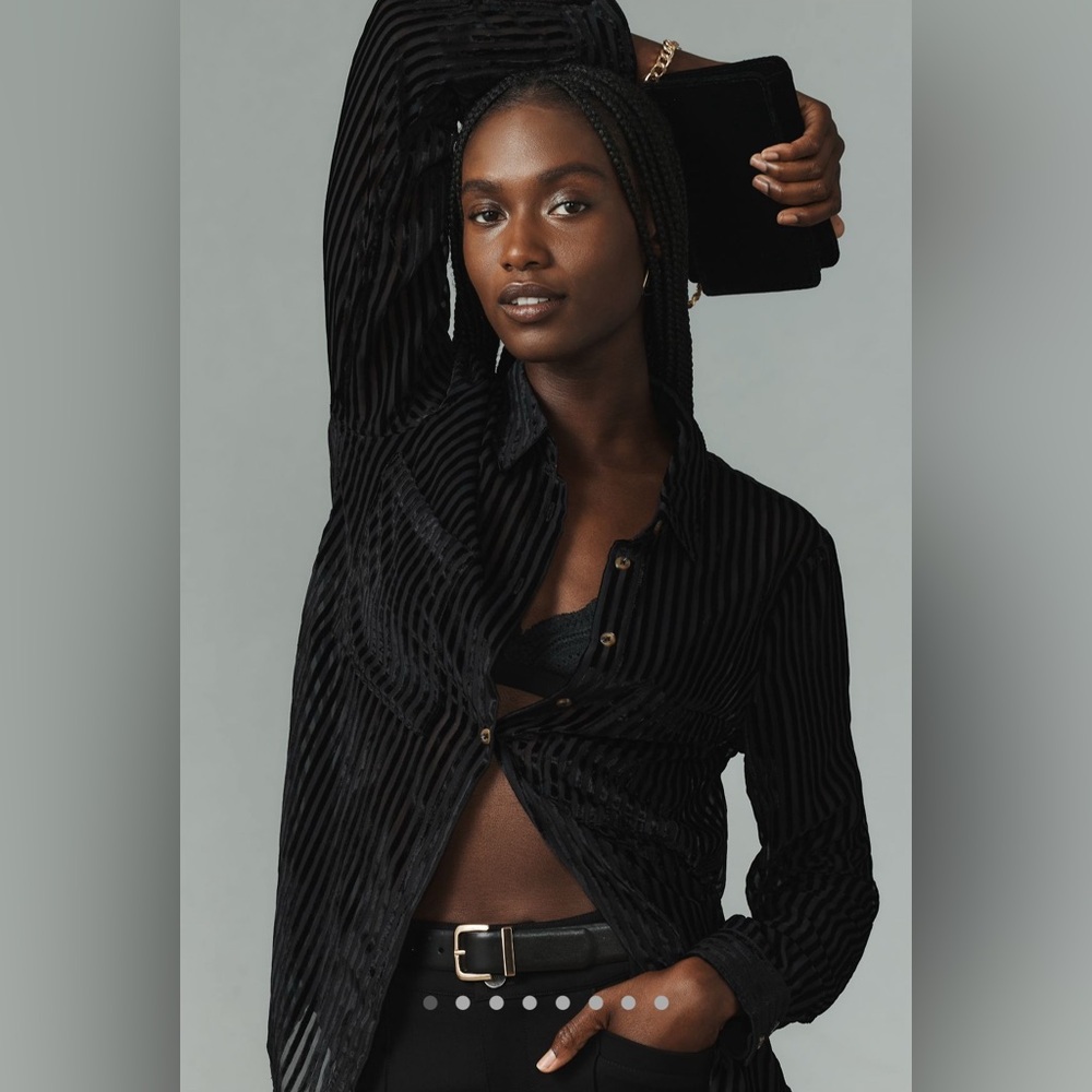 Anthropologie Pilcro Sheer Long-Sleeve Velvet Burnout black Shirt size large